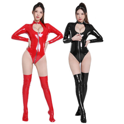 Catsuit Open Crotch Wet Look PU Leather Bodysuit